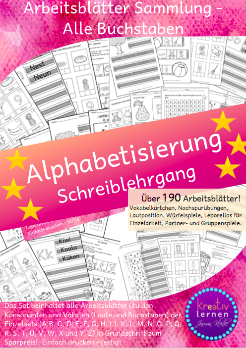 Über 190 Arbeitsblätter zu den Buchstaben für den Schreiblehrgang