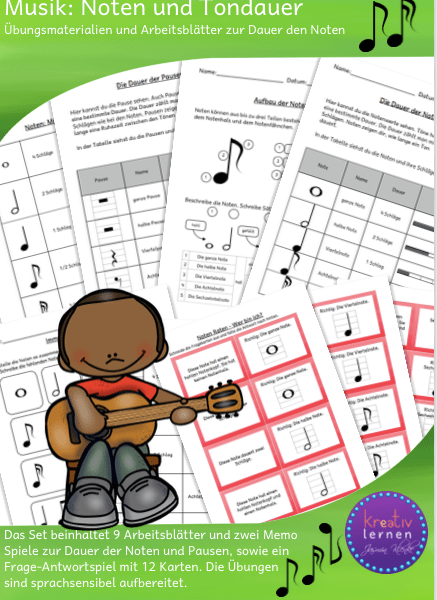 Arbeitsmaterialien für den Musikunterricht in der Grundschule. Noten und Pausen, Tondauer und Tonlänge