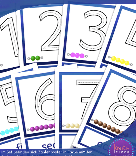 Deine Schüler können die Zahlen spielerisch lernen mit den Zahlenplakaten und den Perlen im Stil der Montessori Pädagogik
