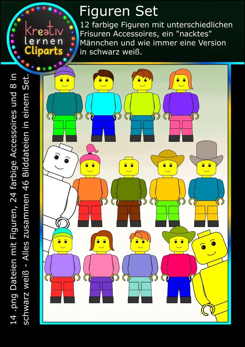 46 clip arts zum Erstellen von Arbeitsblättern und Unterrichtsmaterial mit Figuren und Accessoires.