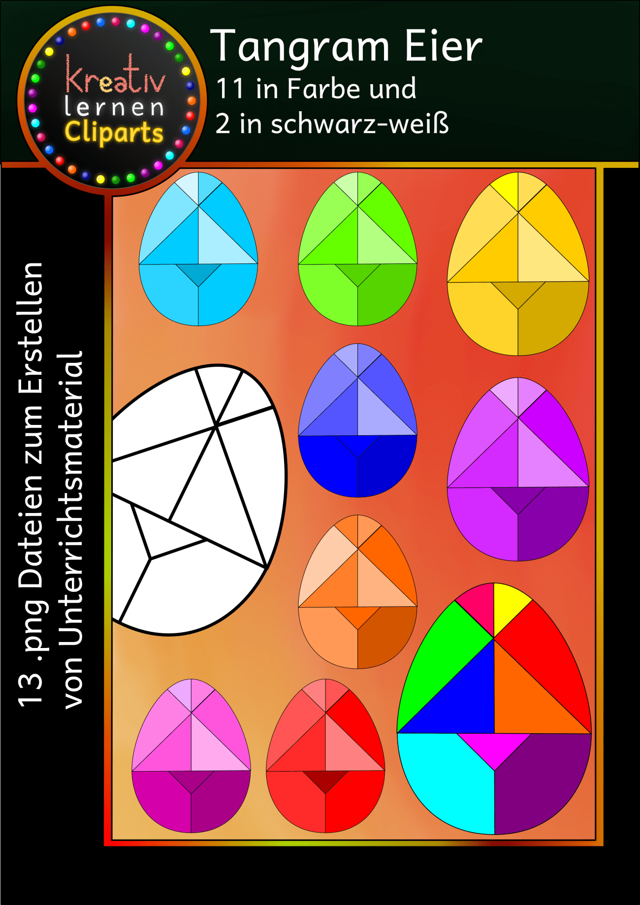 11 Farbige und 2 Schwarz-Weiß Versionen vom Tangram Ei