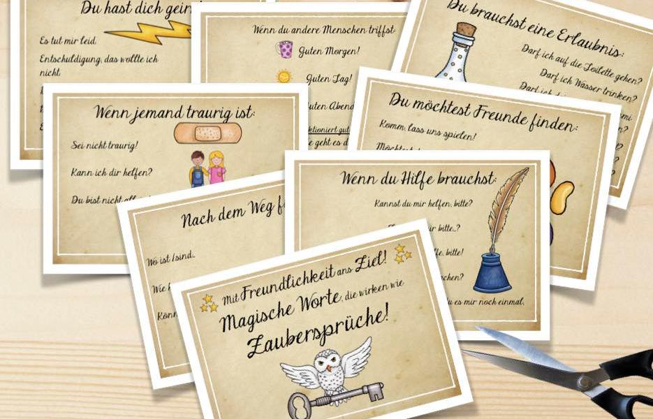 Neun Merkplakate zu höflichen Fragen / Sätzen in unterschiedlichen Situationen