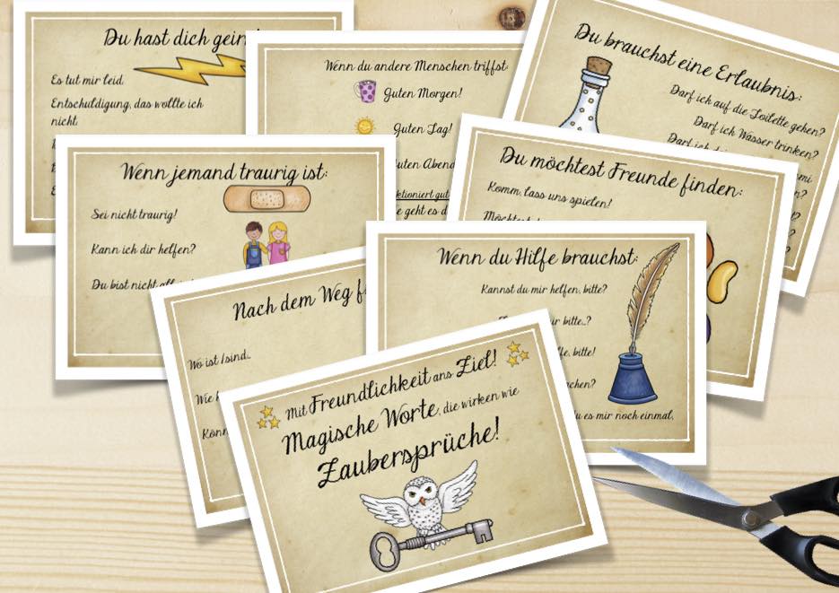 Neun Merkplakate zu höflichen Fragen / Sätzen in unterschiedlichen Situationen