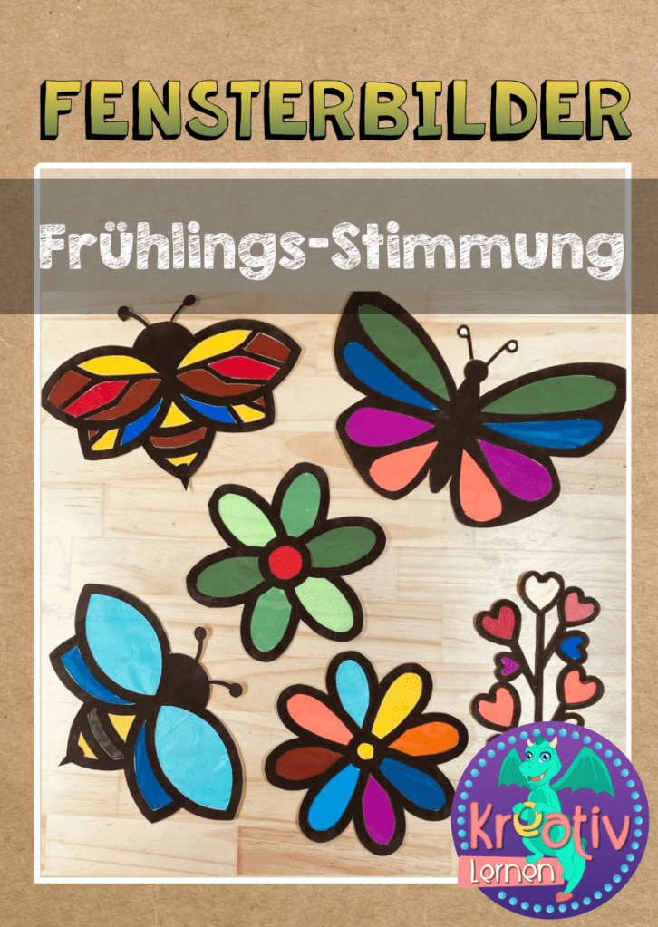 DIe Fensterbilder mit Frühlingsmotiven wie Bienen, Blumen und Schmetterlinge sind eine fröhliche Fensterdeko für den Frühling zum Basteln mit Kindern