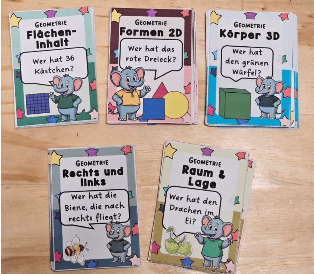 Fünf Kartenspiele zur Geometrie: Ich habe...Wer hat...? Körper, Flächen Formen, Flächeninhalt, Rechts Links zum spielerisch Lernen
