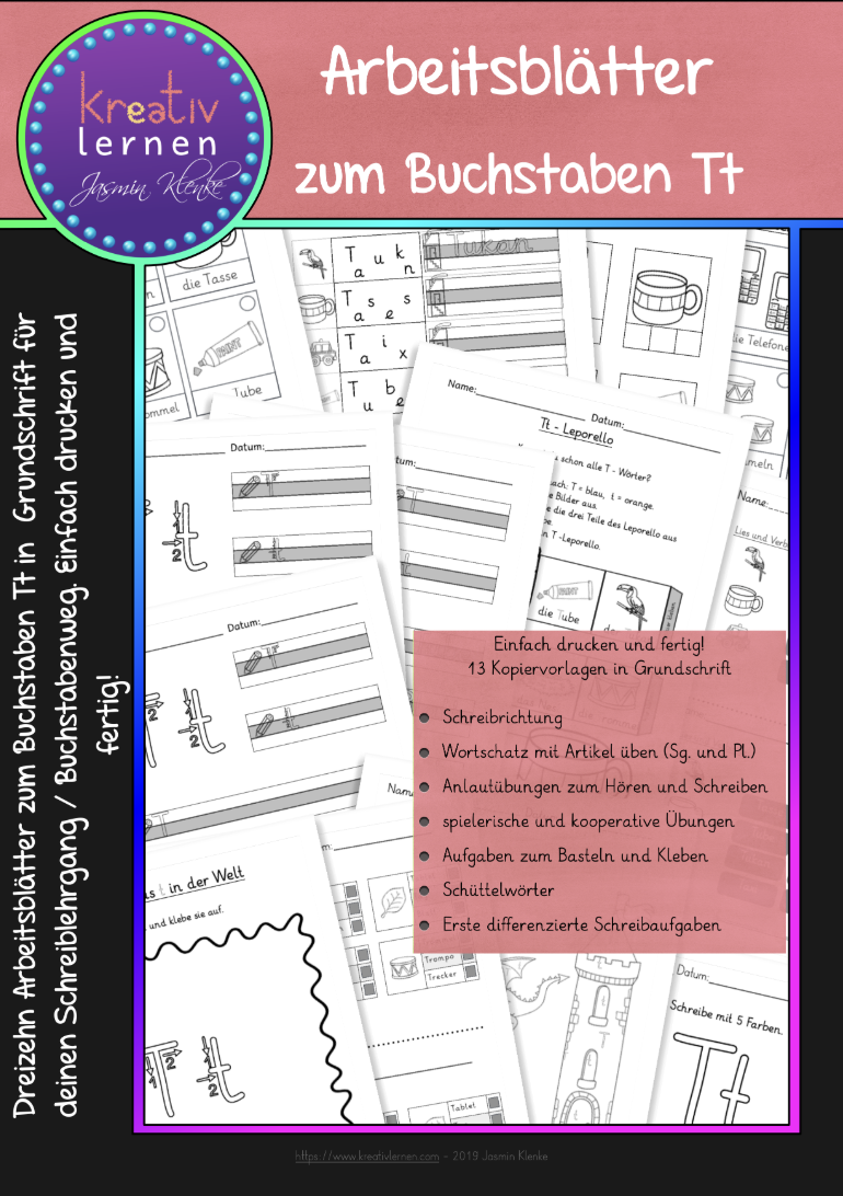Kopiervorlagen für den Buchstaben T zum Schreiben lernen in der Grundschule.