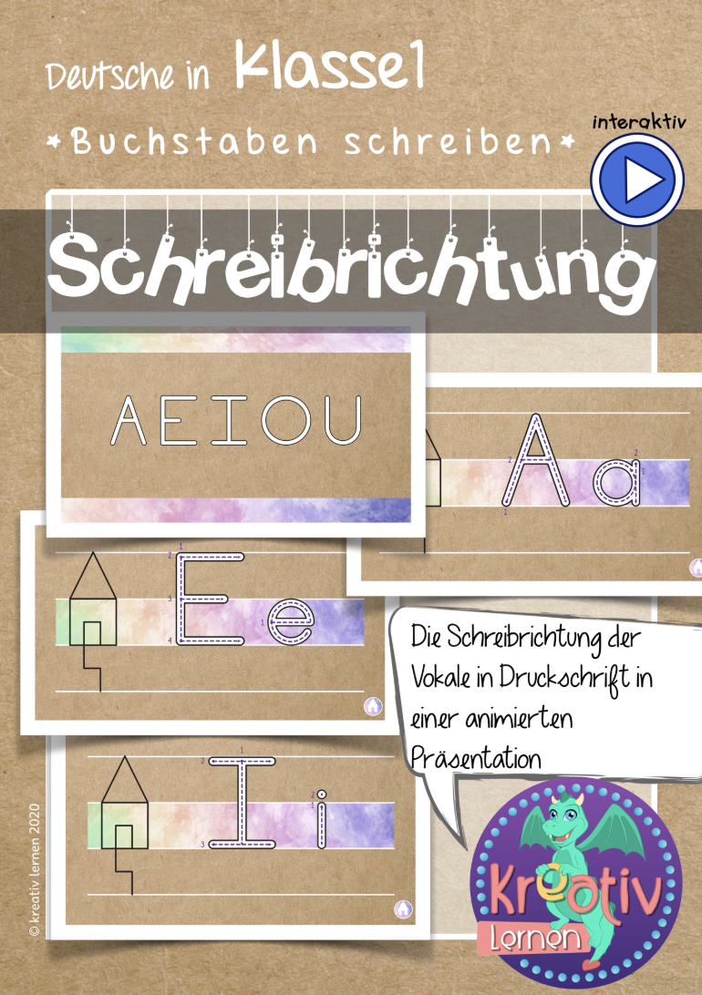 Schüler lernen die richtige Schreibrichtung der Buchstaben mit einer animierten Präsentation im Anfangsunterricht.