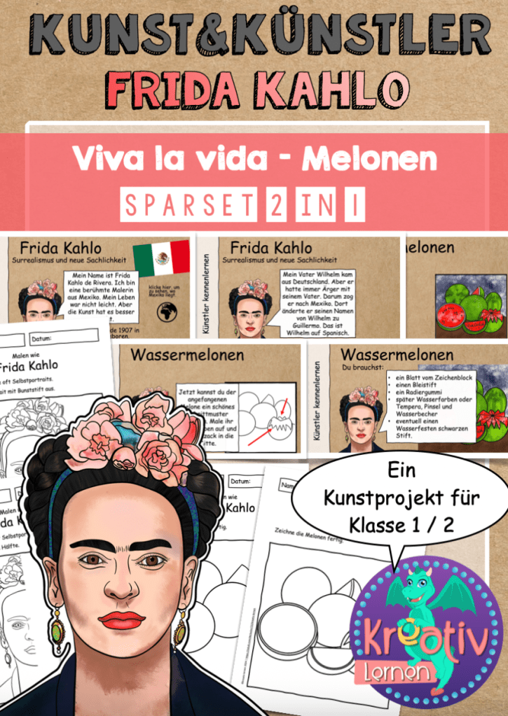 Ein Kunstprojekt zu Frida Kahlo mit Übungsblättern, Information und Präsentation zur Künstlerin, für individuelles, selbstgesteuertes Lernen im Kunstunterricht.