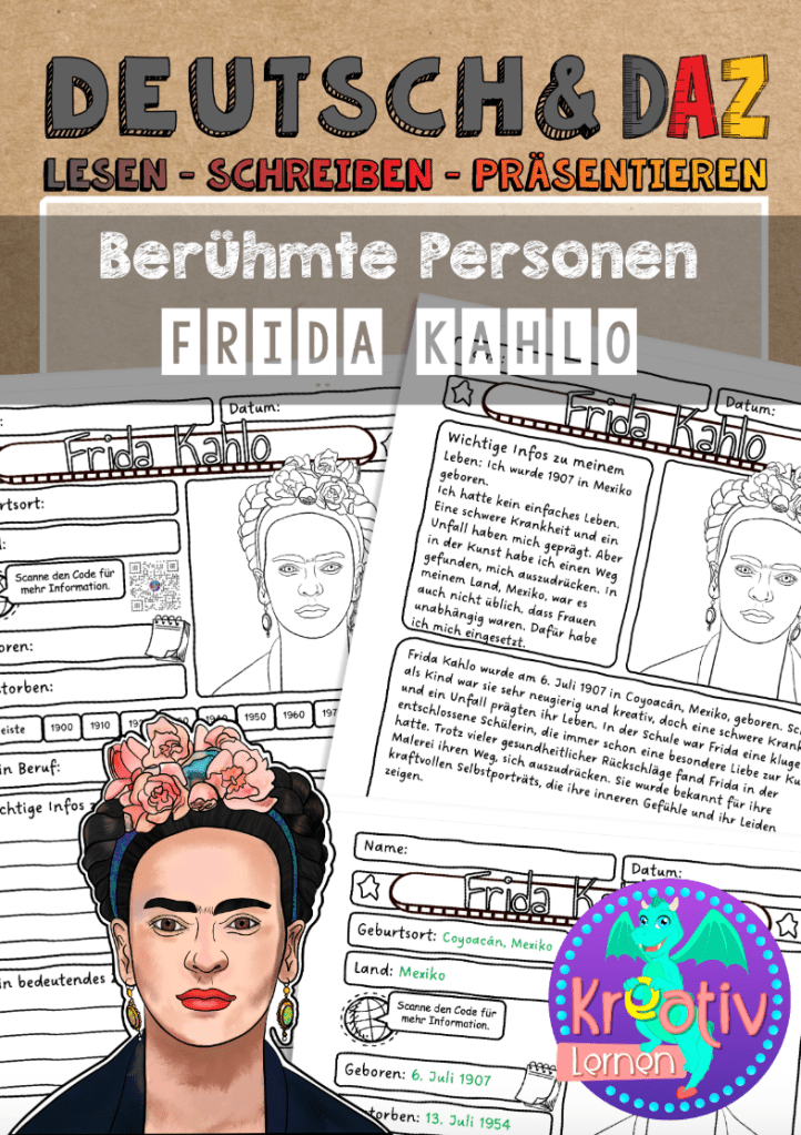 Frida Kahlo fächerübergreifend behandeln: Lesen, Schreiben und Präsentieren der Künstlerin im Deutsch oder DaZ Unterricht.