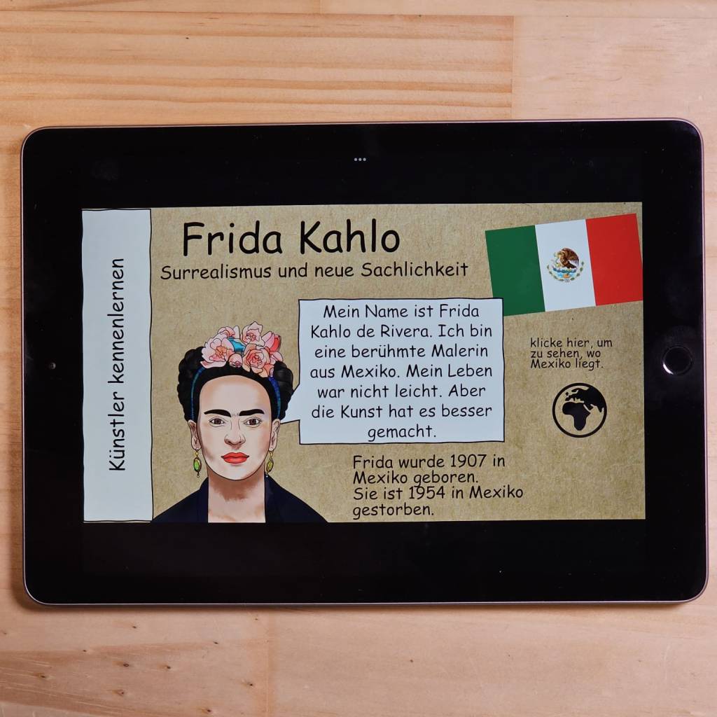 Eine interaktive PowerPoint Präsentation für Tablet oder interaktive Tafel. Deine Schüler*innen lernen die Künstlerin kennen und sie erklärt ihnen in der Präsentation, wie eines ihrer Kunstwerke gestaltet werden kann.