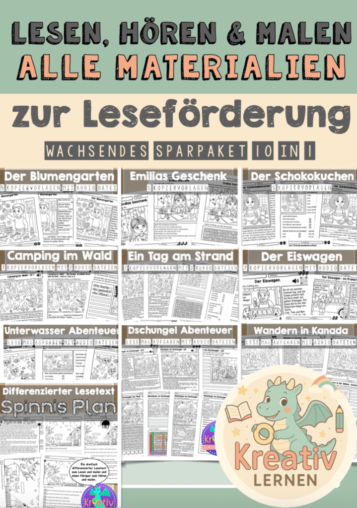 Lesen und Malen im Sommer mit Extra Pfiff und Audio Dateien zur Sprachförderung für Schüler der Klassen 2-4. Lesespuren, Quizze und Wortsuchsel zu jeder Lesegeschichte.