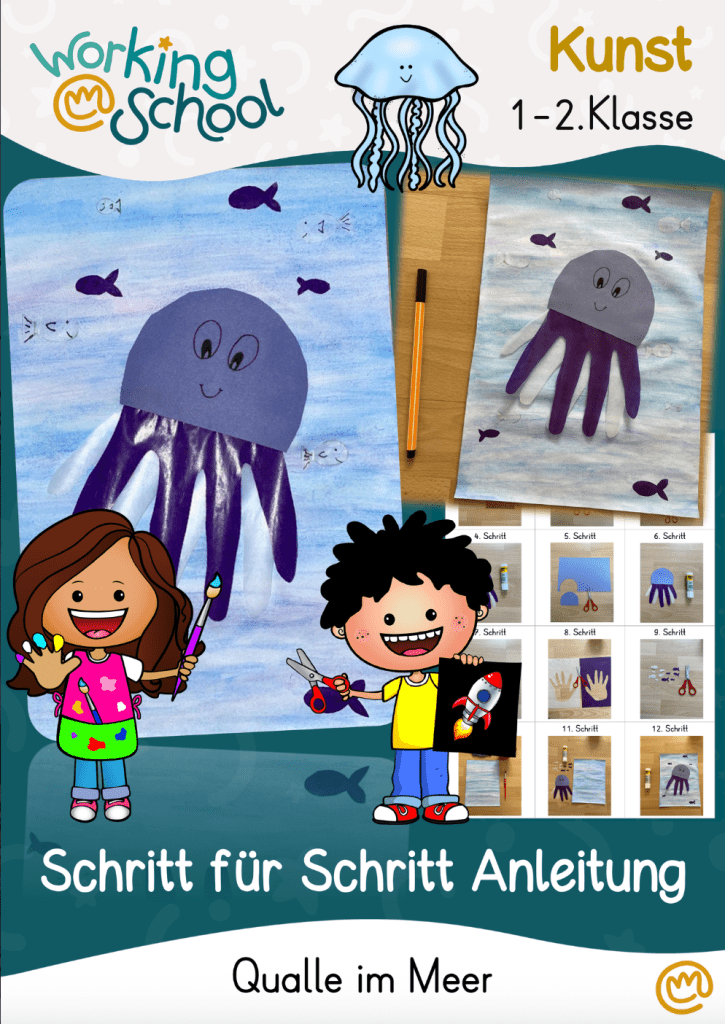 Fröhliche Quallen im Meer von und für kleine Hände, die gern Basteln im Sommer.