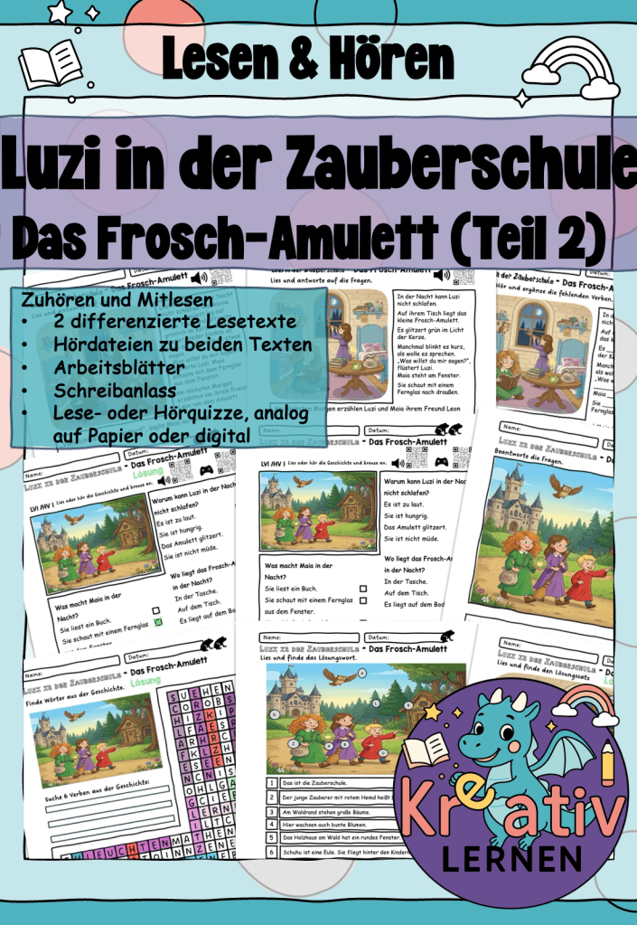 Im Teil 2 wundert sich Luzi über das magische Amulett und macht sich mit ihren neuen Freunden Leon und Maia auf die Suche... Freundschaft und Abenteuer stehen im Mittelpunkt dieses Abenteuers zum Lesen und Malen.