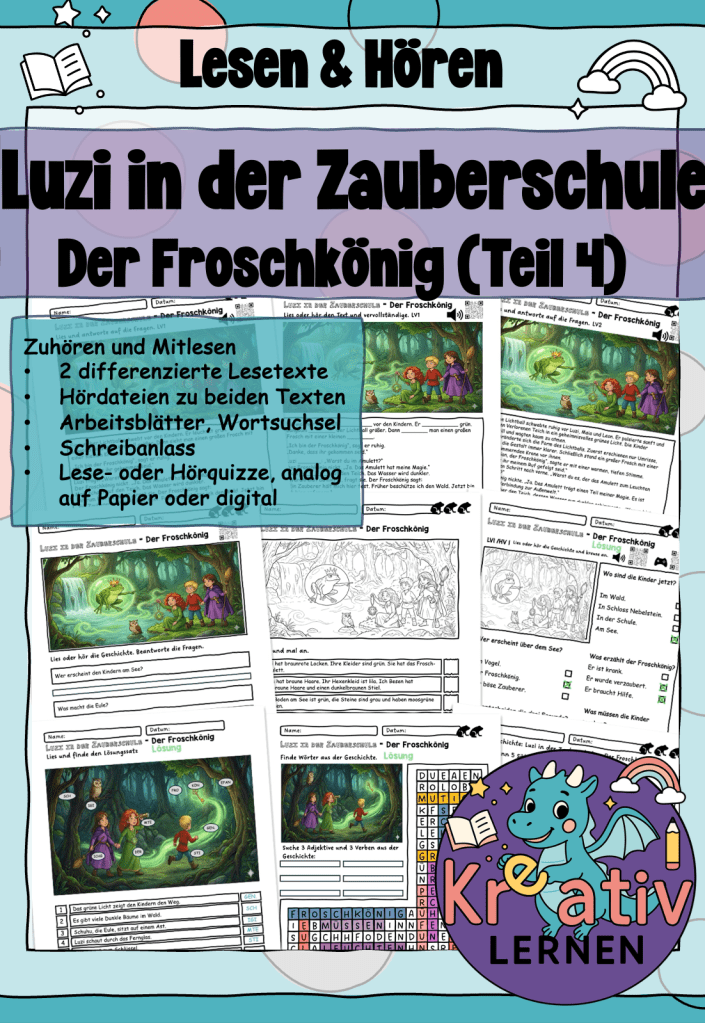 Im vierten Teil der Geschichte finden die Kinder den Froschkönig, der sie darum bittet ihm zu helfen. Dazu müssen die Freunde 3 spannende Zauber lösen. Ob sie die Aufgaben gemeinsam schaffen?