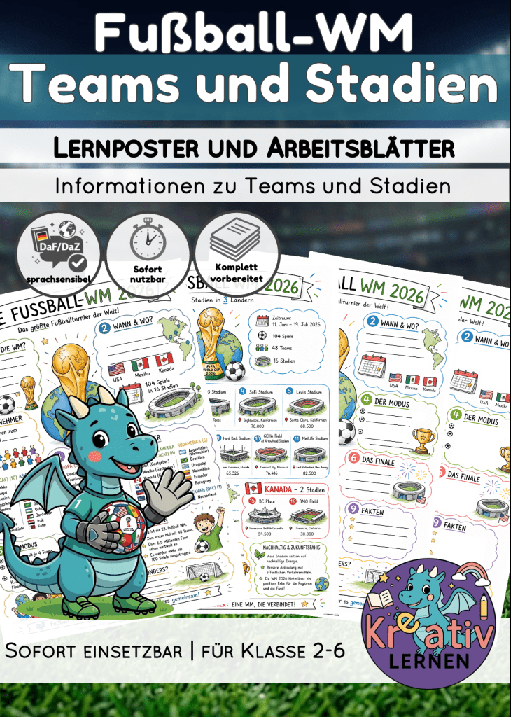 In diesem Material lernen deine Schüler die Stadien und Fußballmannschaften der WM kennen. Welche Länder spielen mit? Arbeitsblätter im Sketchnotestil laden zum Vervollständigen ein.