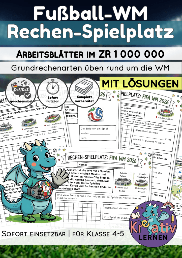 Nutze die Fußball WM um spannende Mathematikaufgaben realitätsnah in einen Kontext einzubetten: Wiederhole Addition, Multiplikation und Division bis zur Million. 